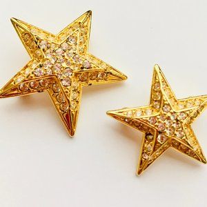 VINTAGE JOAN RIVERS Gold Tone Star Pin Brooches w Pave set Rhinestones - Signed